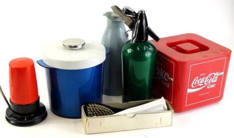 Various retro collectable items to include a Coca Cola ice bucket, another ice bucket, soda syphon, brushes etc.