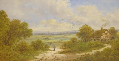 W. St. Henry (19thC). Rural landscape with cottages, trees and one with figure on a country path, oil on canvas - pair, one signed, 24cm x 44cm, in original gilt frames.