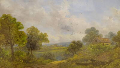 W. St. Henry (19thC). Rural landscape with cottages, trees and one with figure on a country path, oil on canvas - pair, one signed, 24cm x 44cm, in original gilt frames. - 2