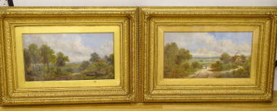 W. St. Henry (19thC). Rural landscape with cottages, trees and one with figure on a country path, oil on canvas - pair, one signed, 24cm x 44cm, in original gilt frames. - 3