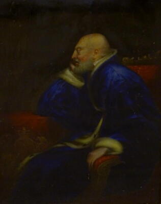 19thC School. Regal gentleman with blue cloak, oil, 17cm x 12.5cm.