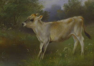 Walter Hunt (1861-1941). Calf by a stream, oil on canvas, signed and dated (19)06, inscribed verso 'To Mrs Stannidge 17 October 1906 with best wishes from Walter Hunt', 16.5cm x 21.5cm.