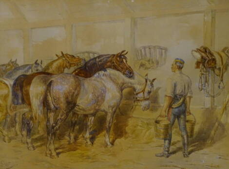 John Frederick Tayler (1802-1889). No. 1 study in a trooper's stable, watercolour, signed and initialed, dated 1883, titled verso, 41cm x 57cm.