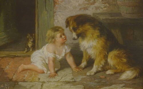 George Augustus Holmes (1822-1911). My Friends - study with a young child, dog and a kitten, oil on canvas, initialled, dated (18)75, 16cm x 21.5cm.