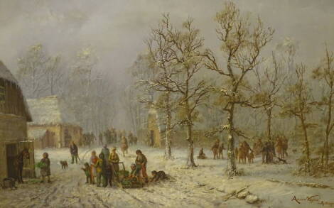 Adrian Viggazo. Winter scene with figures, sledges and animals, oil on panel, signed, 38.5cm x 58.5cm.