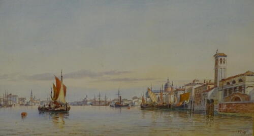 Henry Pilleau (1815-1899). The Guidecca Venice, watercolour, initialled and dated (18)91, 27cm x 48cm label verso Royal Institute of Painters and Watercolours.