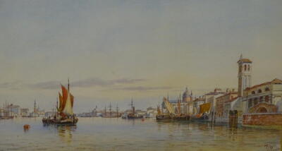 Henry Pilleau (1815-1899). The Guidecca Venice, watercolour, initialled and dated (18)91, 27cm x 48cm label verso Royal Institute of Painters and Watercolours.