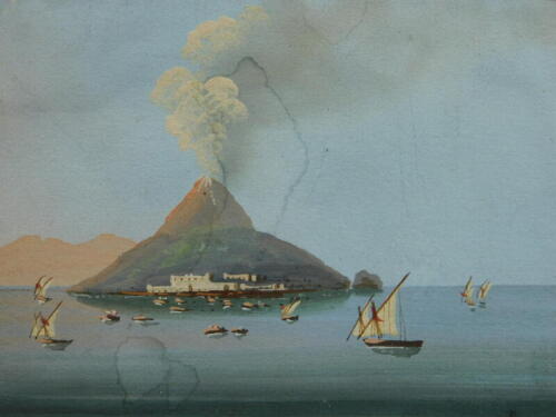 Continental School. Volcano and coastal views, gouache - four, inscribed and dated circa 1839, 8.5cm x 12cm.