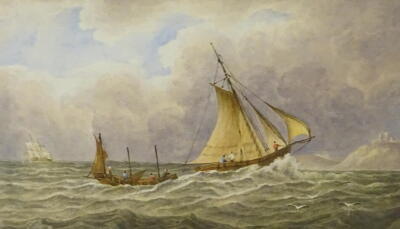 19thC British School. Sailing ships off the coast, watercolour, 18cm x 28cm.