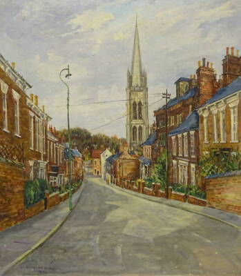 W. L. Rogerson (20thC). George Street, looking towards Gospelgate and St James' Church, Louth, oil on canvas, signed and dated 1978, 75cm x 60cm.