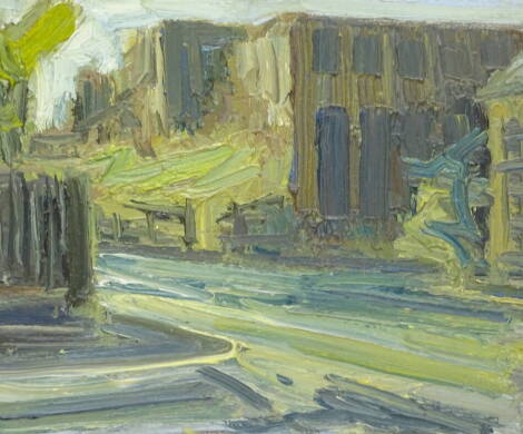 Charles Clarke. Across Victoria road, oil on canvas, signed, titled and dated 1991 verso, 34cm x 39.5cm.