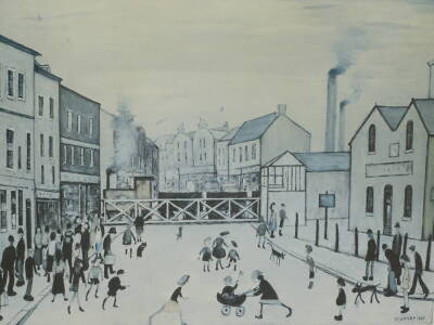 Laurence Stephen Lowry (1887-1976). The Crossing, artist signed coloured print, 44cm x 58cm. Provenance: Purchased on the 28th May 2018 from Gorringes Auctioneers.