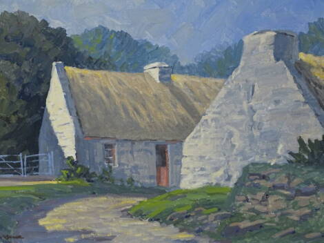Sean O'Connor (1909-1992). Thatched Cottage at Caragh County Kildare, Ireland, oil on canvas, signed, titled and dated June 1969 verso, 38cm x 49cm.