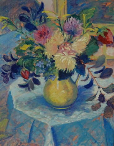 J. King. Floral still life, oil on board, signed, 44cm x 34cm.