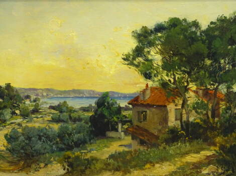 20thC Continental School. Cote d'Azur coastal scene, oil on board, initialled, 31.5cm x 42cm.