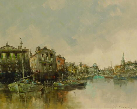 Roel Dozemann (b.1917). Harbour scene, oil on canvas, signed, 49cm x 59.5cm