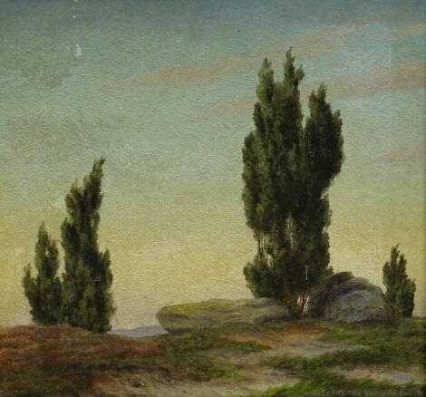 20thC Continental School. Tall trees in rocky landscape, oil on board, 39cm x 39cm.