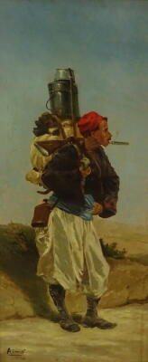 Aime (19thC/20thC). North African Soldiers, oil on canvas, pair, signed and dated 1886, 60cm x 24cm. - 2