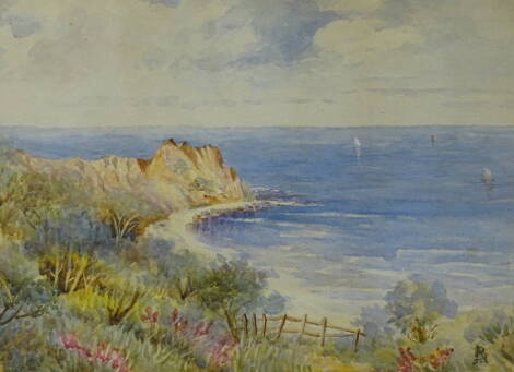 A.B. Coastal scene in rocky outcrop, watercolour 25cm x 35cm. Provenance: label verso for Edward Bailey & Sons auction 14th September 1984, stating provenance of R.C.L. Howitt Dec'd of Farndon, Newark.