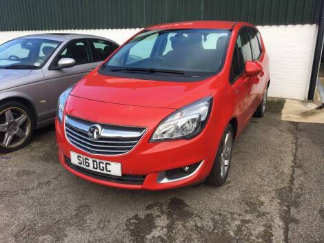 A Vauxhall Meriva, S16 DGC, petrol, 5 door Tech Line MPV, 1398cc, red, circa 5,451 miles, first registered 14/09/2015, MOT till 30/09/20 SORN.