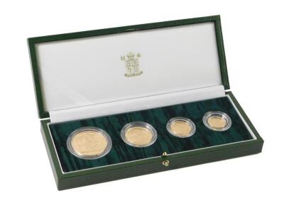 A gold proof four coin sovereign collection 2007, comprising £5 coin, double sovereign, sovereign, and half sovereign, boxed with certificate.