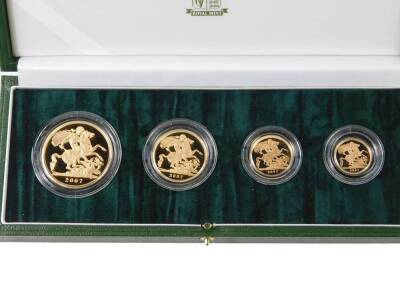 A gold proof four coin sovereign collection 2007, comprising £5 coin, double sovereign, sovereign, and half sovereign, boxed with certificate. - 2