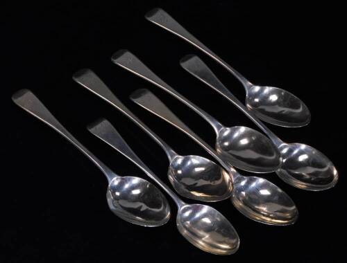 A set of seven Victorian silver teaspoons, old English pattern, crested, London 1863, 14cm L, 4½oz. (7)