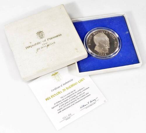 The Republic of Panama 1974 sterling silver twenty Balboas coin proof, in outer case and box, with paperwork, 7cm Dia. 5oz.