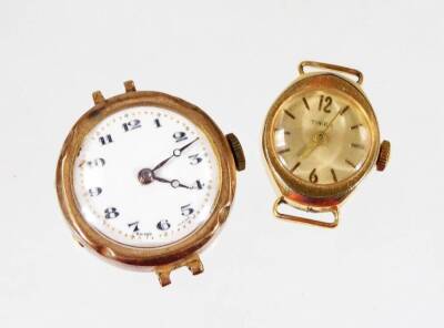 Two watch heads, comprising a 1920's/30's 9ct gold cased circular wristwatch head, with white enamel dial, and a Timex gold plated and stainless steel watch head. (2)