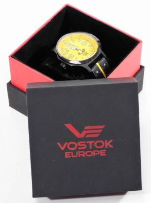 A gentleman's Vostok Europe Expedition North Pole wristwatch, with 4.5cm Dia. yellow back dial, with Arabic and baton numerals, with a yellow and black bracelet, as new. (in outer box with paperwork and packaging) - 3