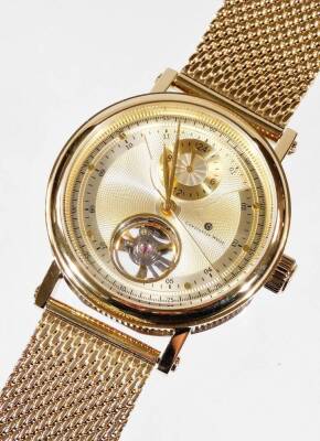 A gentleman's Constantin Weisz fashion watch, with 4cm Dia. dial, with Arabic numerals, subsidiary second hand and partial open movement, with gilt metal bracelet.