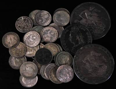 Various coins, a George III crown 1820, a Victorian crown 1892, various threepenny bits, etc. (a quantity)