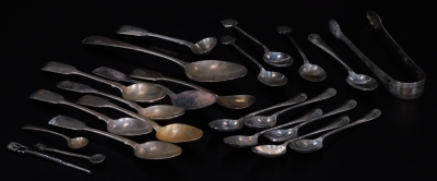 Various Georgian and later silver flatware, sugar bows, 13cm W, teaspoons, old English pattern, etc. various other silver, silver plate and white metal, 11oz all in. (a quantity)