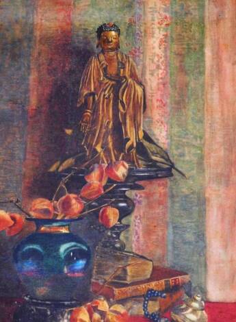 19thC English School. Still life, oriental figure, vase and book on a table, watercolour, unsigned, 50cm x 33cm.