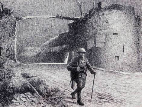 W Cecil Dunford (1885-1969). The Lille Gate, Ypres, war drawing, pen and ink, signed, 31cm x 48cm.