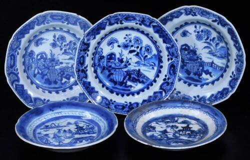 Various Chinese porcelain blue and white saucers, dishes, etc. to include a similar pair decorated with vases, with an outer floral border of octagonal form, 17cm W, various other blue and white porcelain, some 18thC and later. (a quantity)