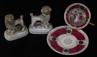 Various 19thC and other pottery, porcelain and effects, to include a pair of Rockingham style poodles, each with bouquets of flowers to their mouths, 11cm H, three pottery jelly moulds, to include one of shaped floral form, an armorial teapot warmer on st - 7