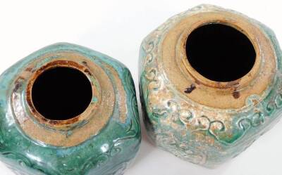 A graduated matched set of five Ming type pottery ginger jars, each of hexagonal form, in green glazes raised with various flowers, etc. some partially glazed, 20cm H etc. (5) - 4