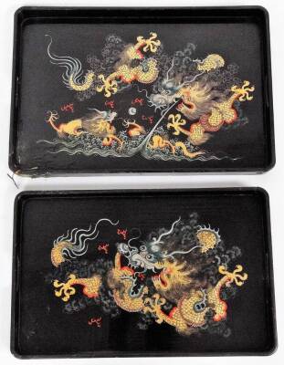 An Eastern style wall hanging, of rectangular form, set with glass sections, 61cm x 108cm, various other embroidery, throw, two Japanese lacquer trays of graduated form, etc. (a quantity) - 4