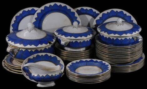 An early 20thC Booths Powder Blue Lily pattern part dinner service, to include lidded tureen, 29cm H, a pair of smaller tureens, graduated serving plates, soup bowls, plates, side plates, etc. typically decorated with gilt highlights, printed marks beneat