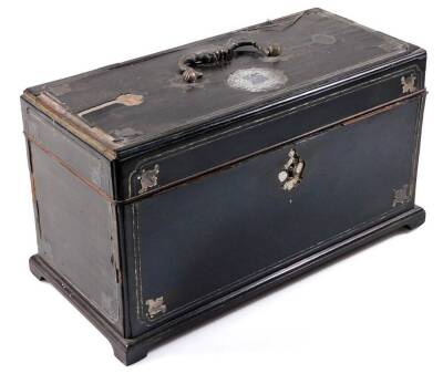 An early 19thC ebonised and metal tea caddy, of rectangular form, with swing handle, set with white metal panels with elaborate lock escutcheon and GR patent locks, on bracket feet, c1800, 34cm W. (AF)