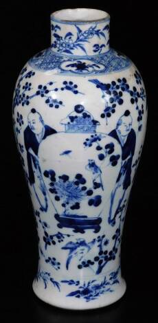 A 19thC Chinese Qing period porcelain baluster vase, decorated with figures holding an enlarged vase surrounded by prunus, birds and flowers, on circular foot, four character mark beneath, 30cm H.