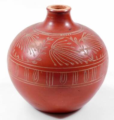 A red stoneware vase, of globular form, decorated with a relief fern and geometric pattern, 22cm H. - 2