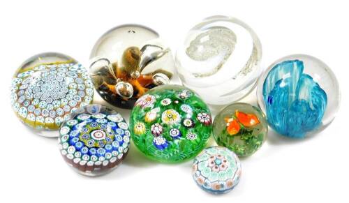 Various paperweights, to include Millefiori floral example on green ground, 7cm Dia., one signed, etc. (a quantity)