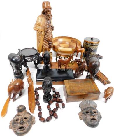 Various treen, African Tribal ware, etc. to include various heads, 18cm H, figure of a gentleman in standing pose, other wall masks, deer, Do It Now desk tidy, bowl, etc. (a quantity)