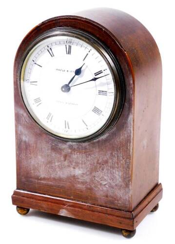 A Maple & Co Edwardian mahogany cased mantel clock, of domed form, partially inlaid with a raised glass revealing an 8cm Dia. Roman numeric dial, on orb feet, with keywind movement, 20cm H.