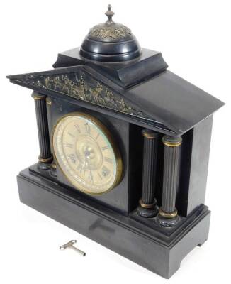 A Victorian black slate mantel clock, of architectural design, with a compressed bell top pediment, raised with classical figures above a 13cm Dia. Roman numeric dial flanked by cylindrical columns, on a plain block base, 8-day movement, 43cm H.