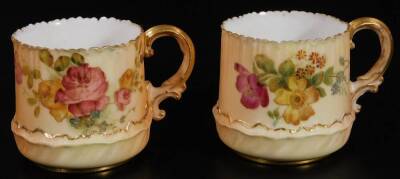 A Royal Worcester blush ivory cabinet cup and saucer, 13cm W, no. 1682, another similar, each decorated with flowers, and a miniature Doulton stoneware two coloured jug with silver collar, raised with windmill, tavern scenes, etc. (a quantity) - 5