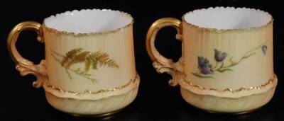 A Royal Worcester blush ivory cabinet cup and saucer, 13cm W, no. 1682, another similar, each decorated with flowers, and a miniature Doulton stoneware two coloured jug with silver collar, raised with windmill, tavern scenes, etc. (a quantity) - 6