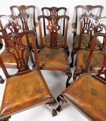 A set of eight (6+2) 19thC mahogany Chippendale design dining chairs, each with carved cresting rails, inverted pierced back splats, drop in seats in brown leather, on cabriole front legs terminating in ball and claw feet, 98cm H. (8) - 2